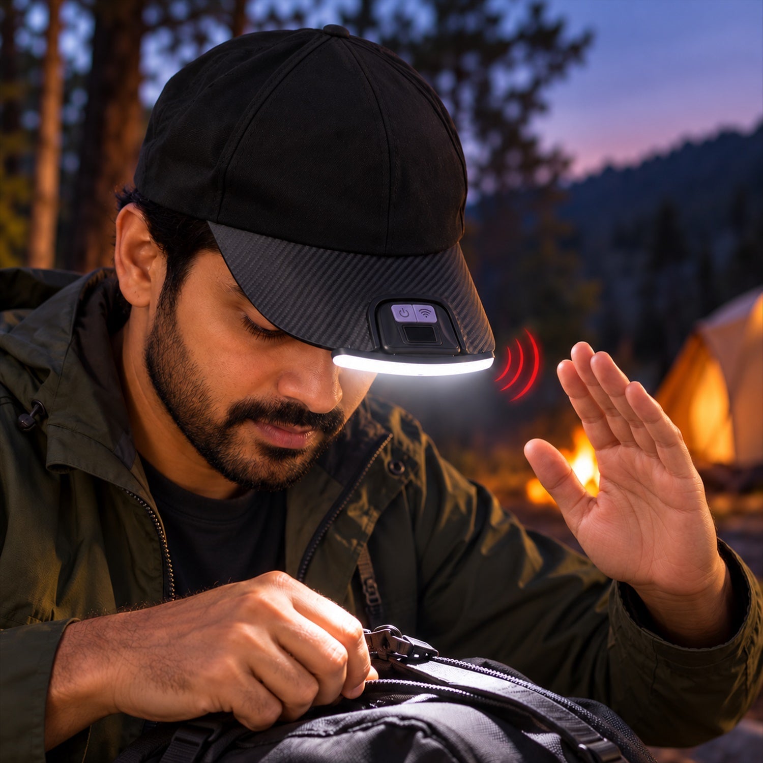 A man wearing a black baseball cap with a bright LED light and motion sensor, looking down at a backpack zipper in a dark