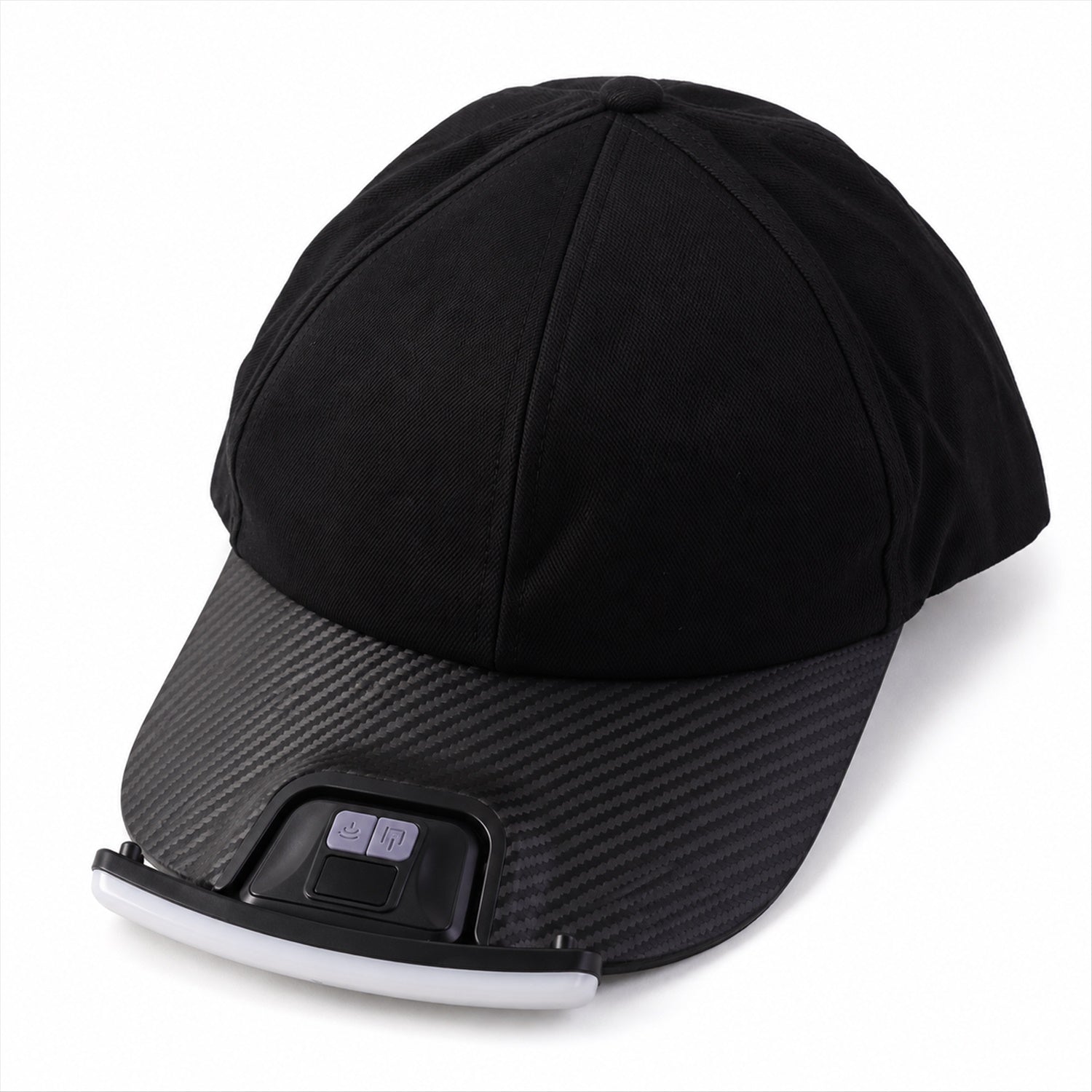 A black baseball cap with a textured brim and a white LED light bar attached, featuring control buttons on top of the light