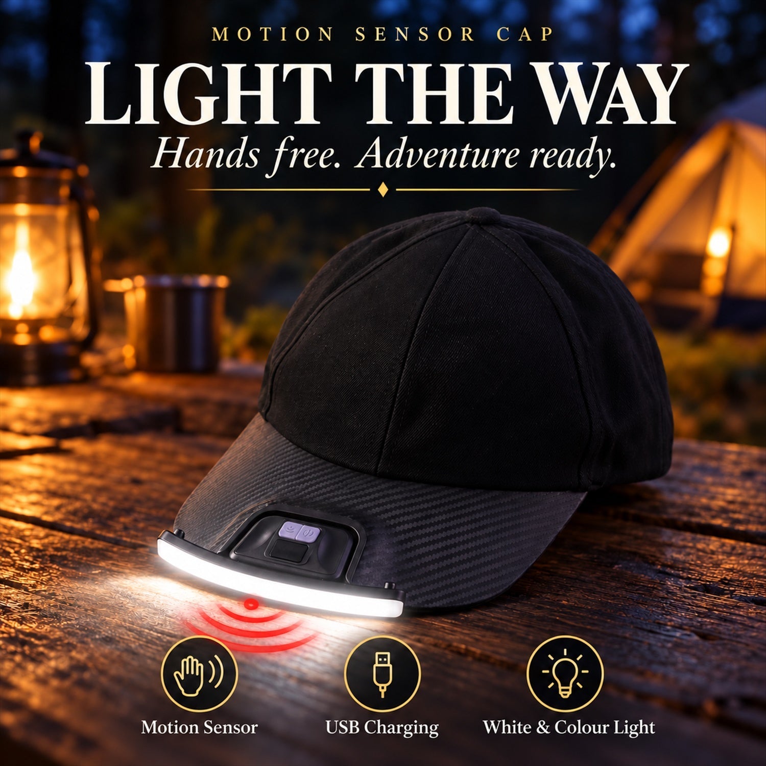 A black baseball cap with a bright LED light and motion sensor on a wooden surface, with a camping lantern and tent in the