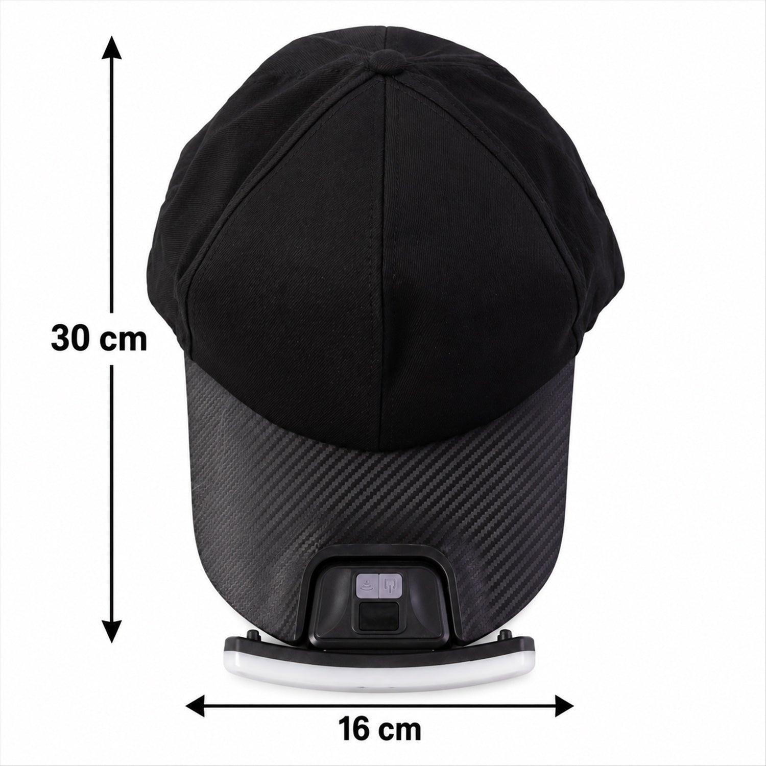 A black baseball cap with an LED light, shown with dimensions of 30 cm height and 16 cm width on a white background.