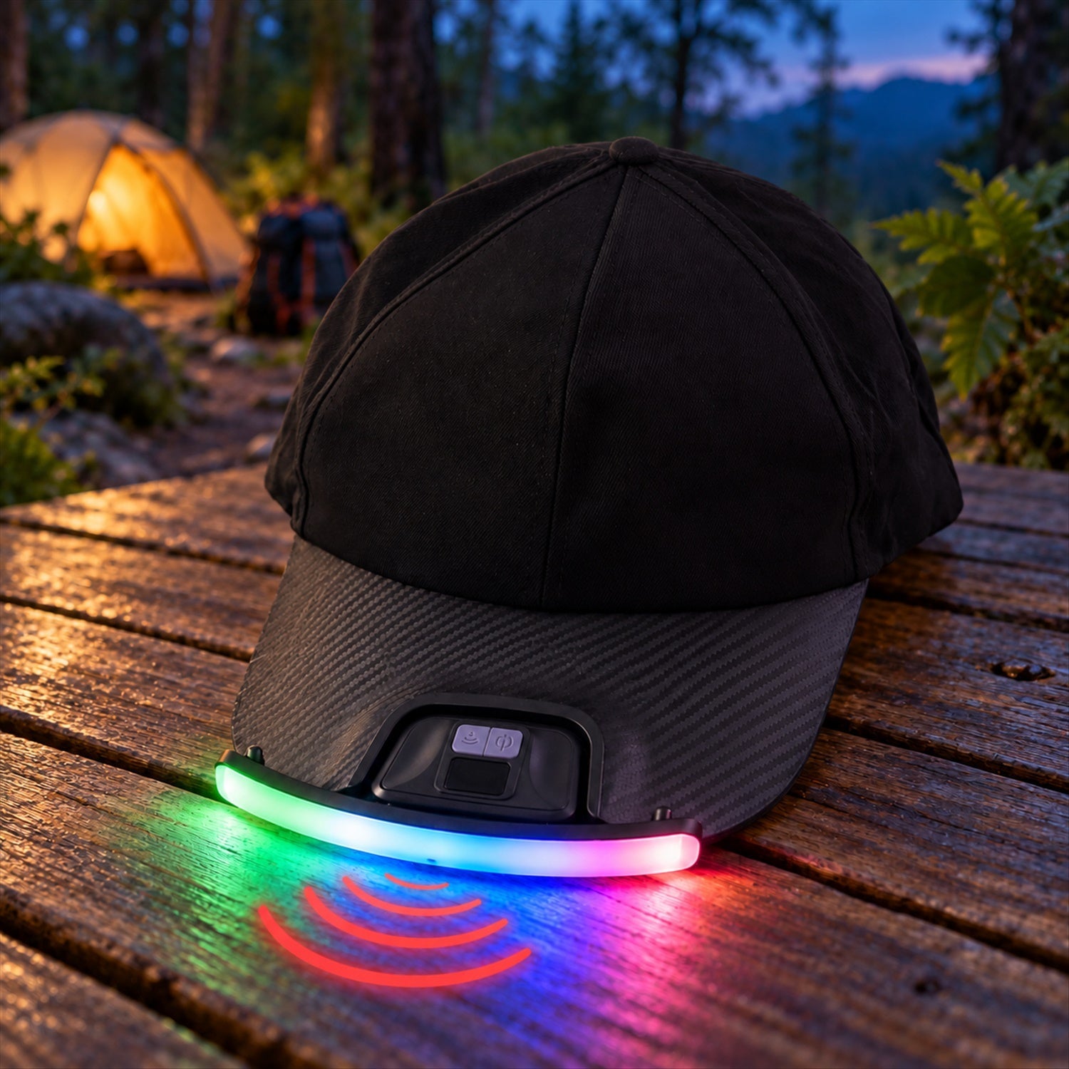 A black baseball cap with an LED light displaying multiple colors and motion sensor indicators, resting on a wooden table in