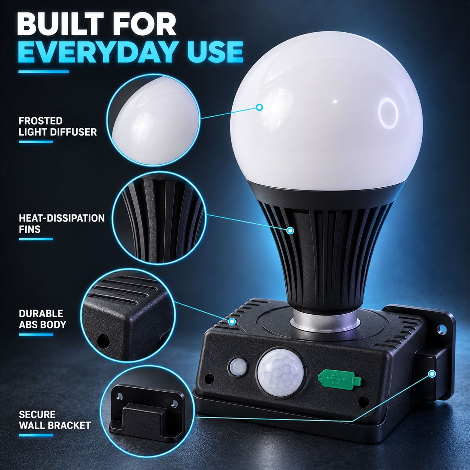 A black solar light with a white globe bulb, highlighting its frosted diffuser, heat fins, durable body, and wall bracket.