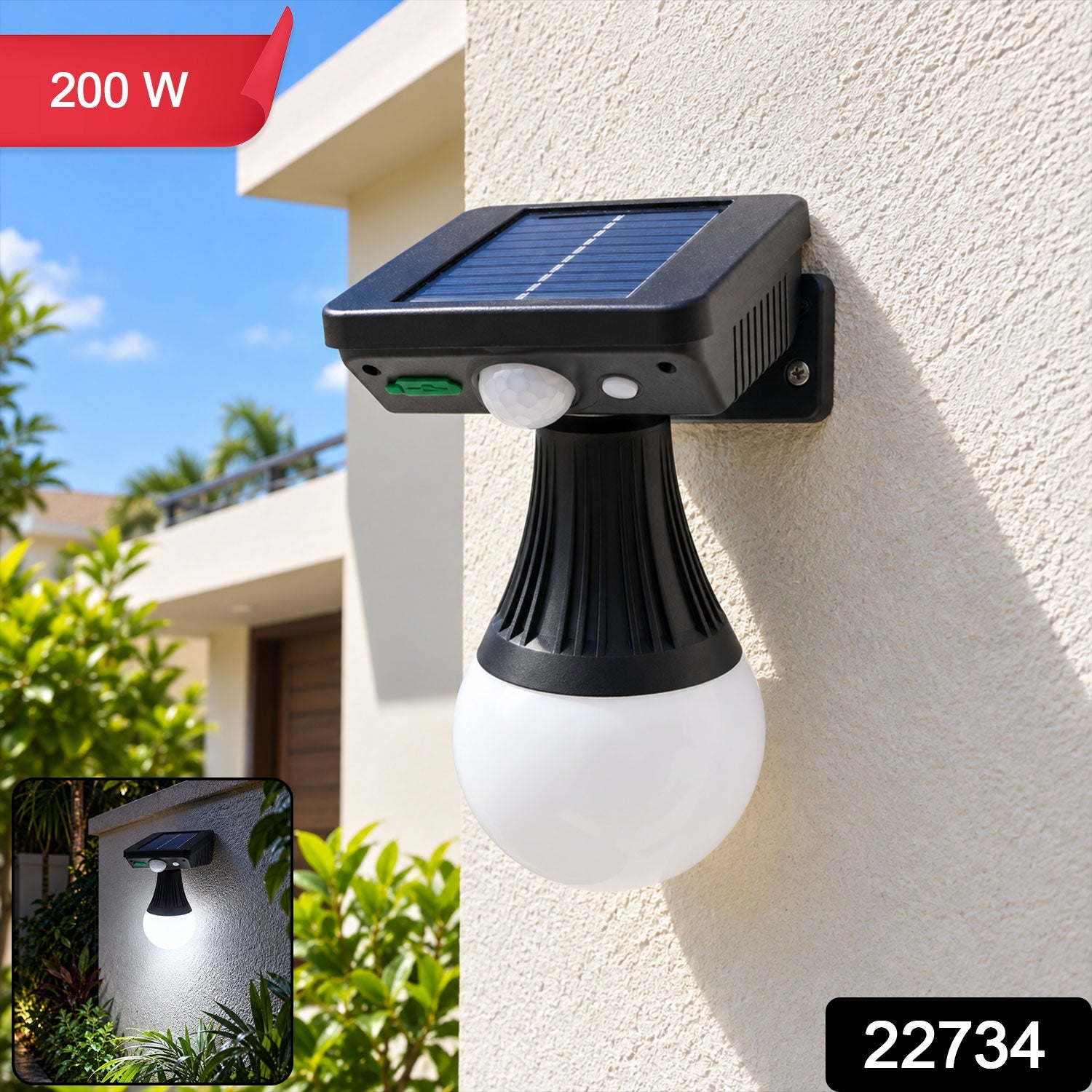 Solar motion sensor light with a white globe bulb attached to a cream wall with a small inset image showing the light