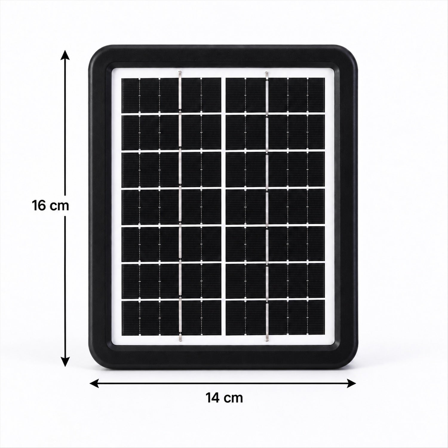 A black solar panel with white grid lines is shown with dimensions of 16 cm height and 14 cm width.