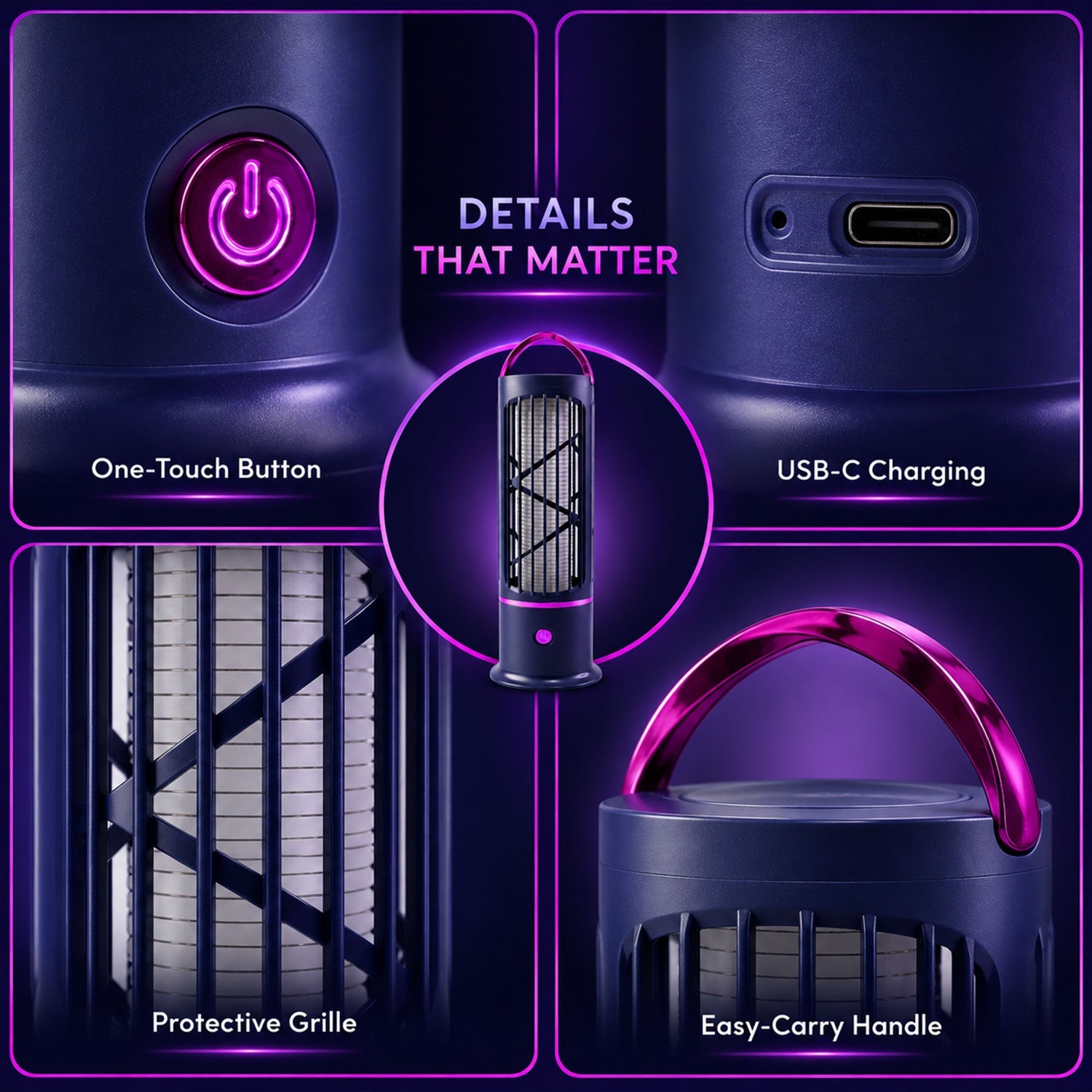 A collage of four close-up views showing the lamp's features: power button, USB-C port, protective grille, and carry handle.