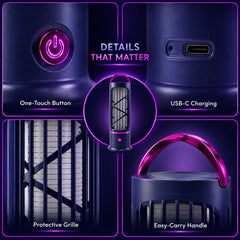A collage of four close-up views showing the lamp's features: power button, USB-C port, protective grille, and carry handle.