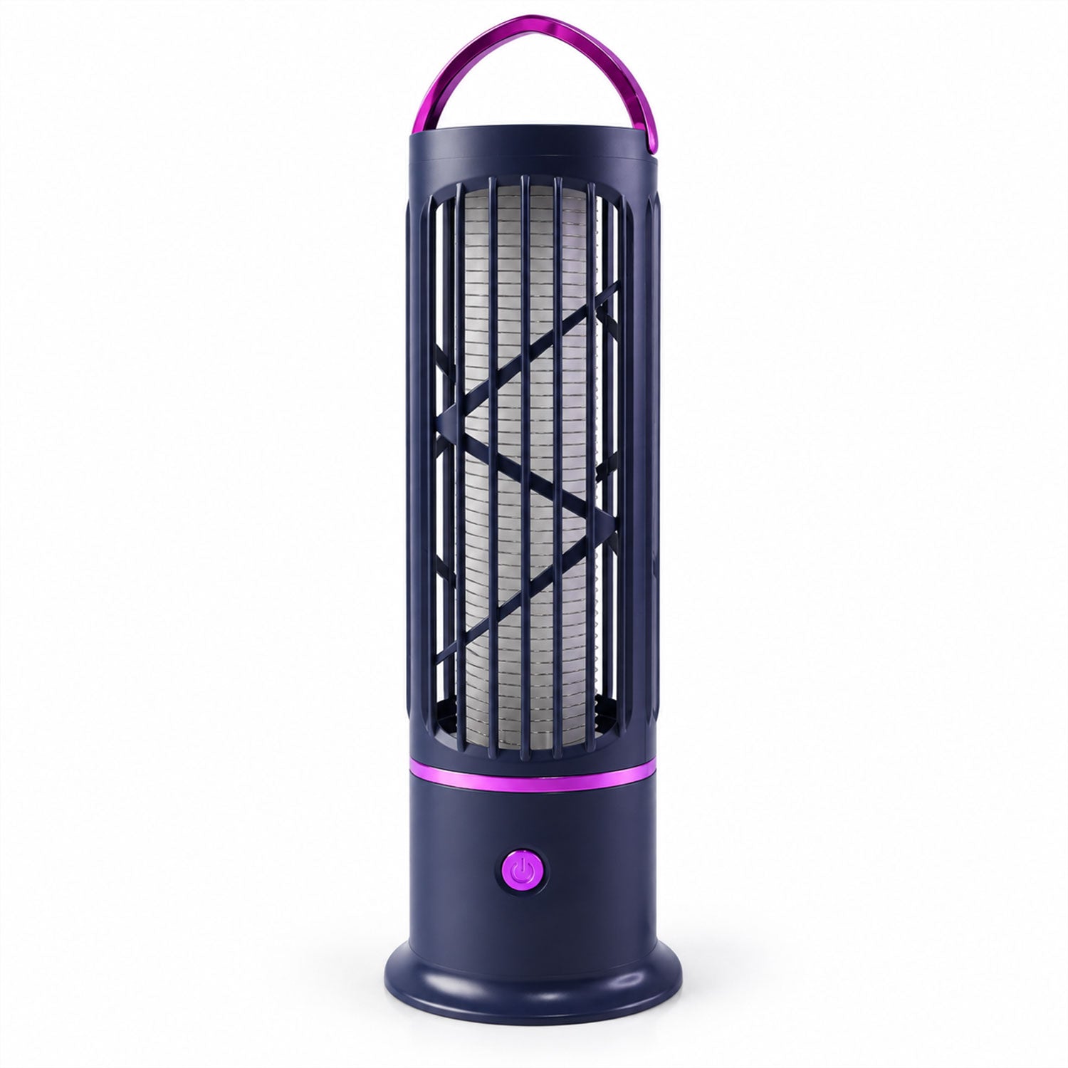 A black and purple mosquito lamp with a metal grid interior stands upright on a white background.