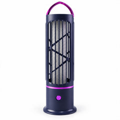 A black and purple mosquito lamp with a metal grid interior stands upright on a white background.