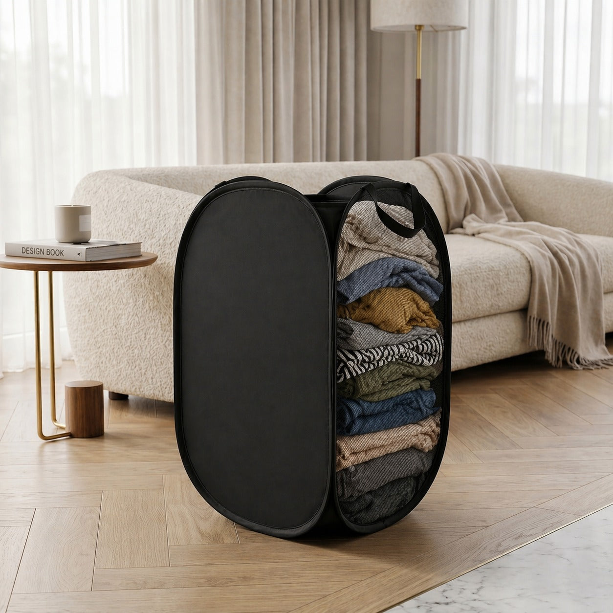 Premium Foldable Laundry Basket Solid Fabric Clothes Hamper (1 Pc, 37x37x60cm)