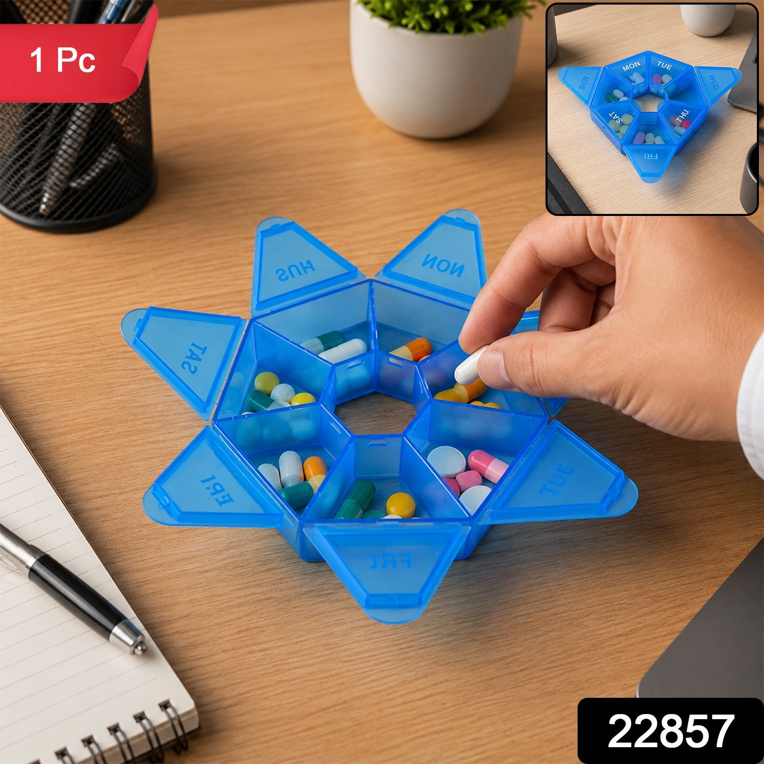 Weekly plastic pill box with seven compartments, 1 piece