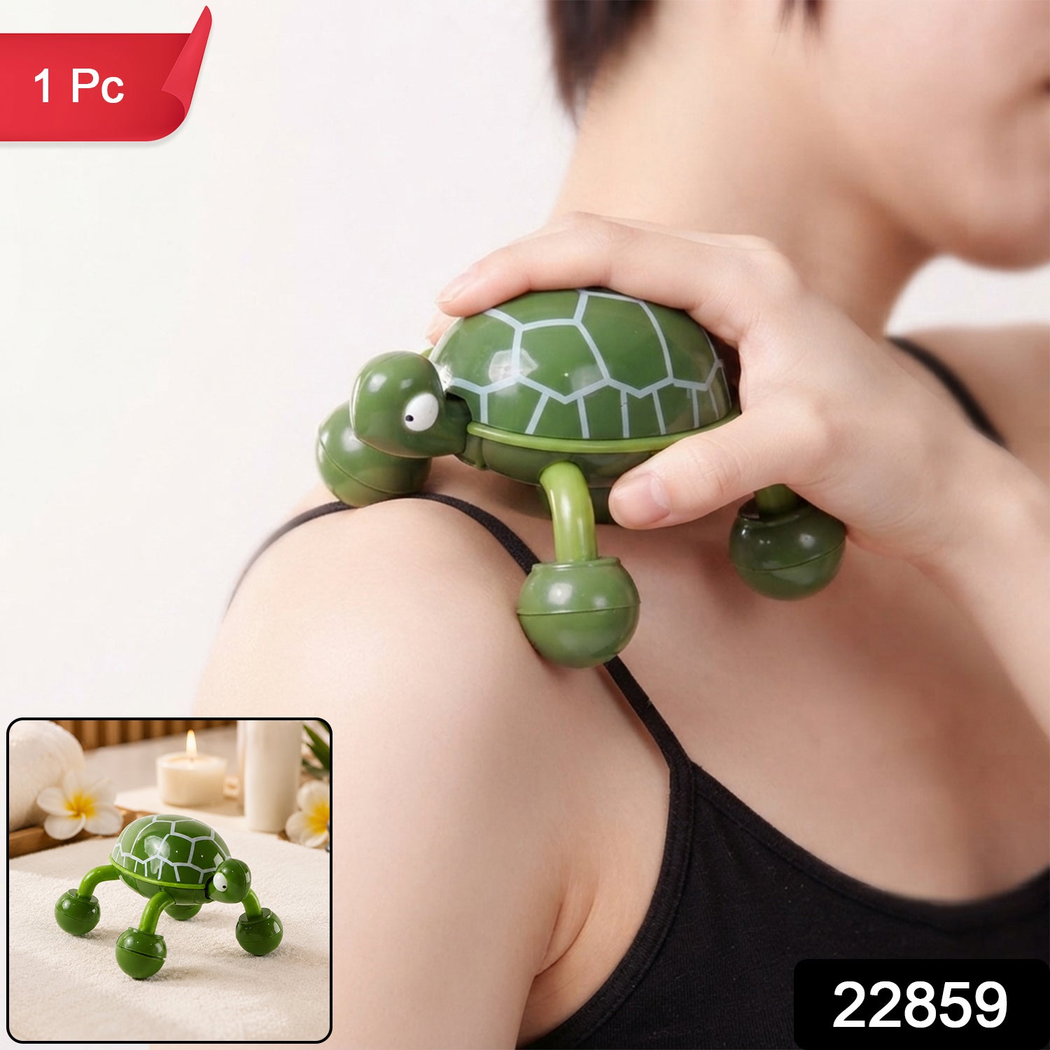 A person's hand moves a green turtle massager on their shoulder; a small inset shows the massager on a white towel.
