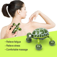 A woman holds a green turtle massager while another identical massager rests on a light green and white background.
