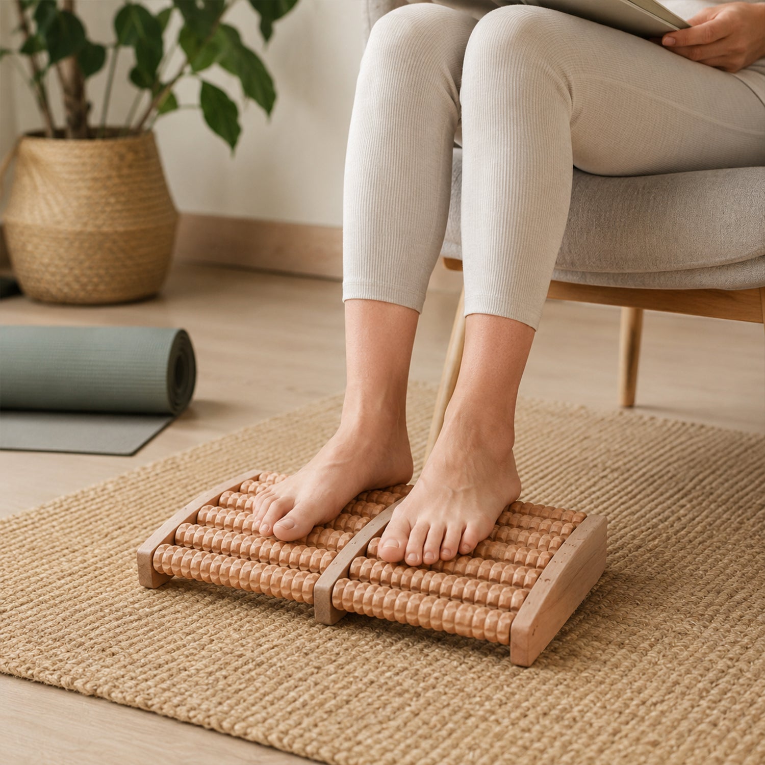 A person's bare feet on a wooden foot massager on a woven mat, with a rolled yoga mat in the background.