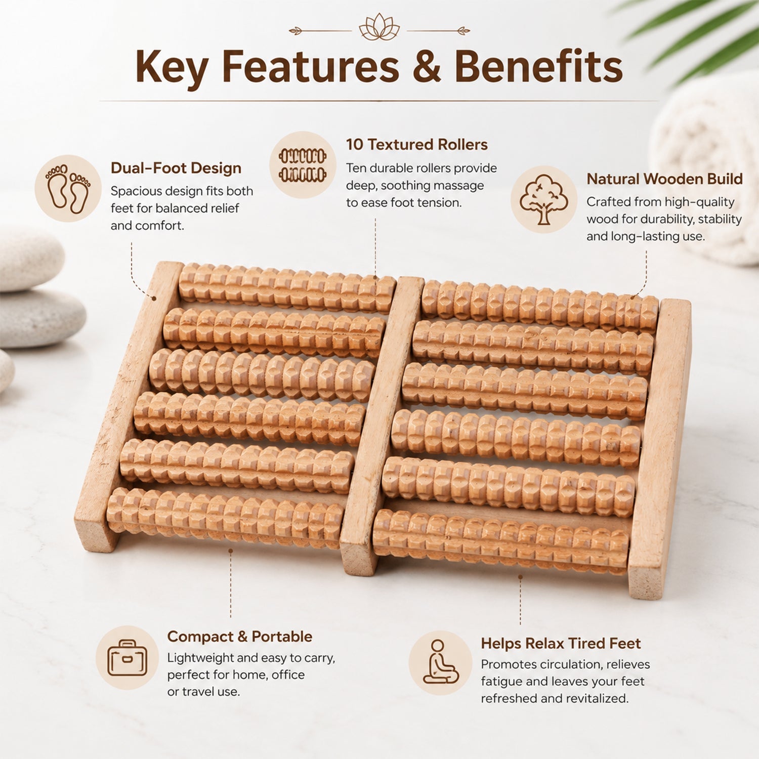 Infographic displaying the features of a light brown wooden foot massager with ten textured rollers.