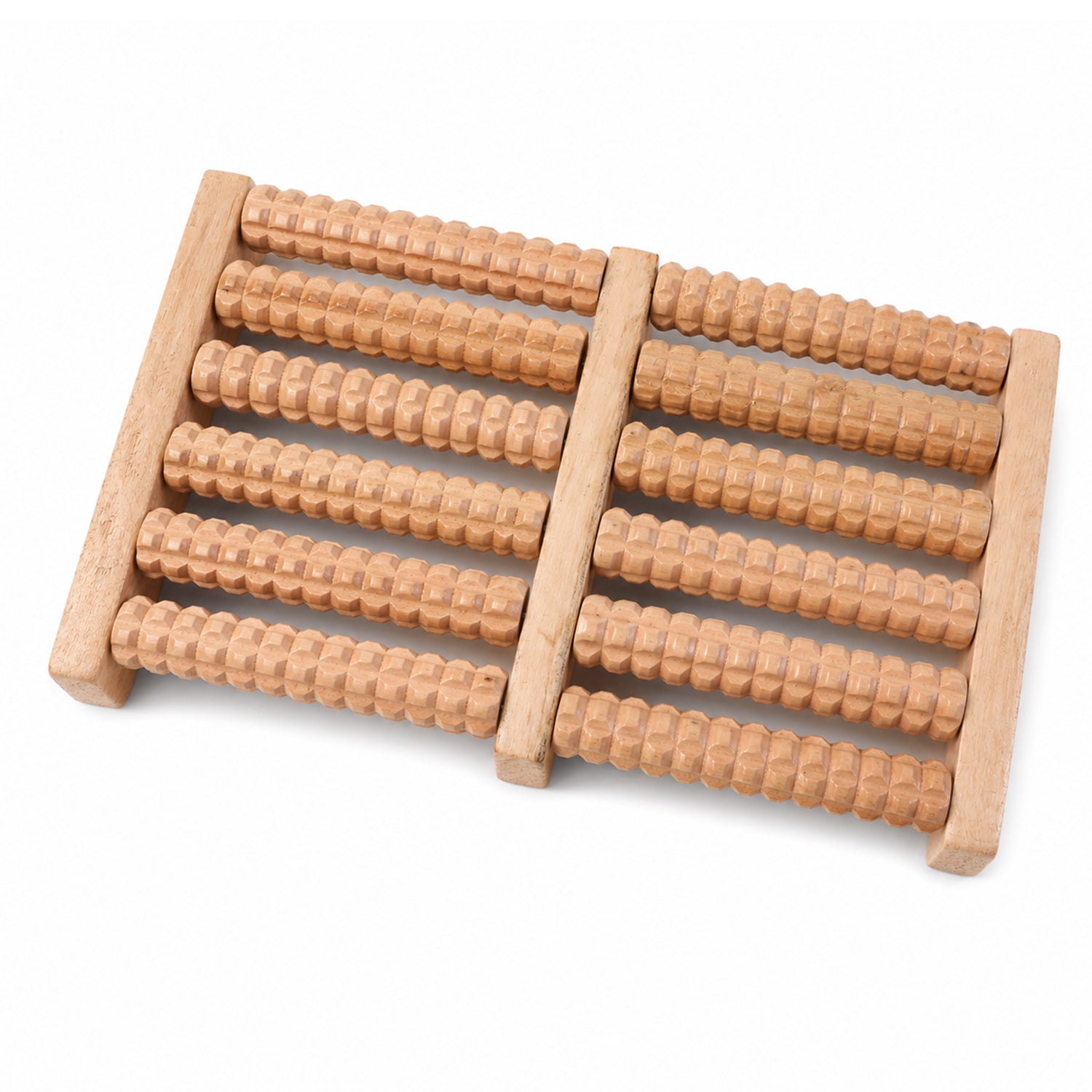 A light brown wooden foot massager with ten textured rollers on a plain white background.