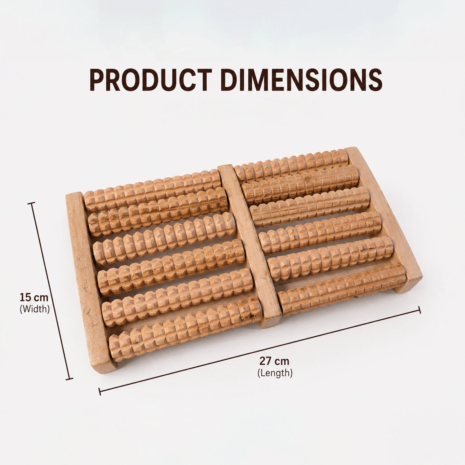 A light brown wooden foot massager with ten textured rollers, showing dimensions of 27 cm length and 15 cm width.