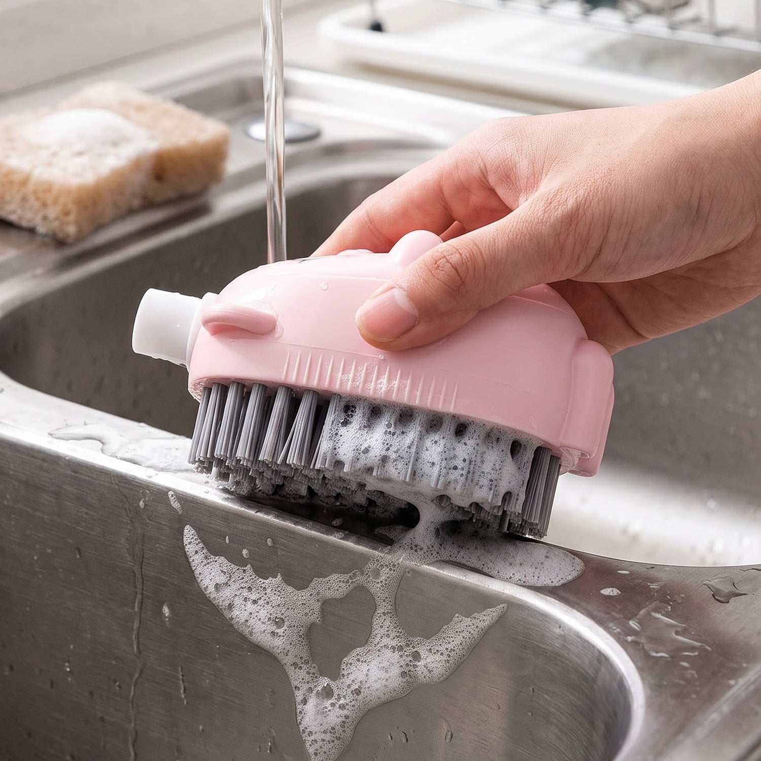 Soap dispensing brush for sink cleaning