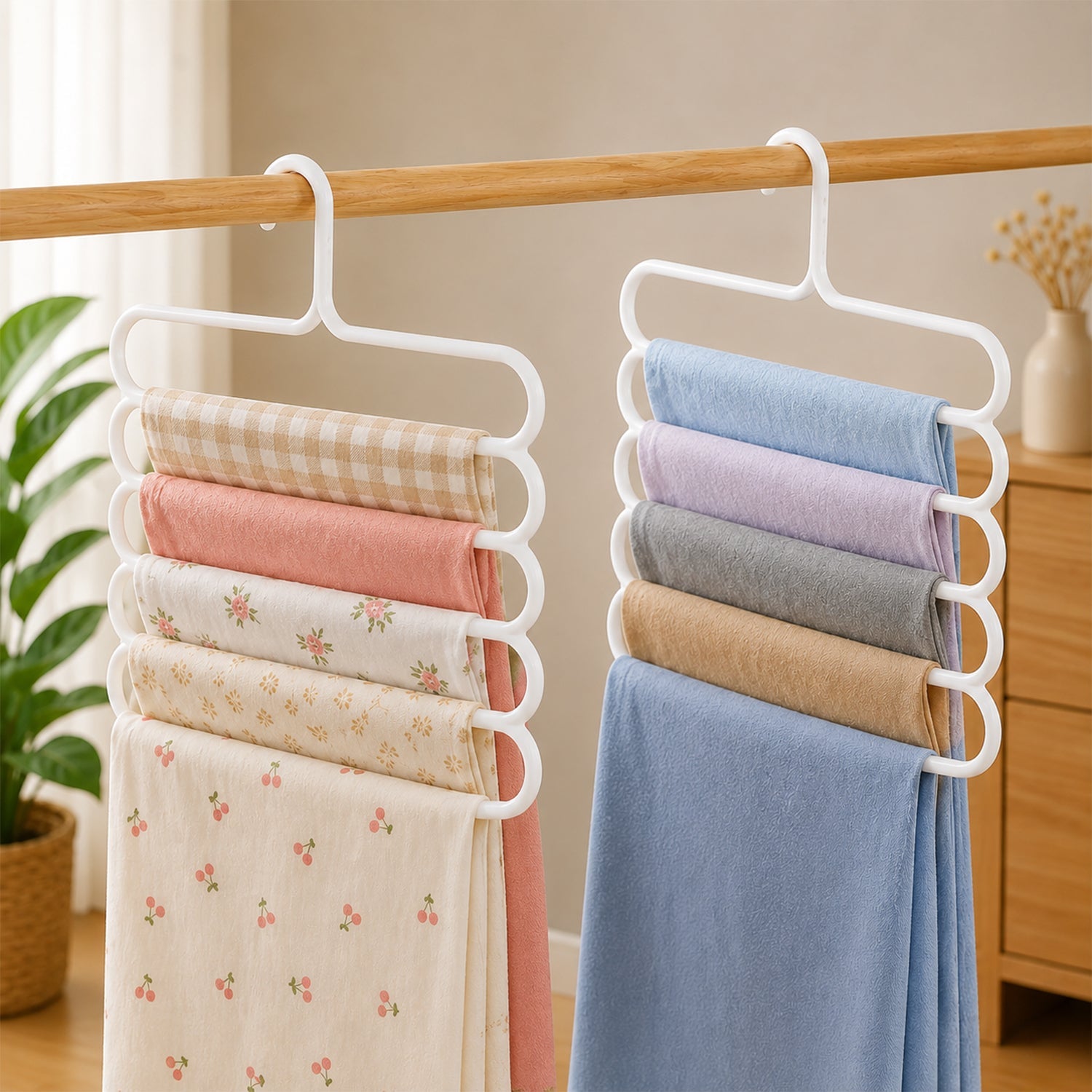 Hanger holding five pairs of trousers