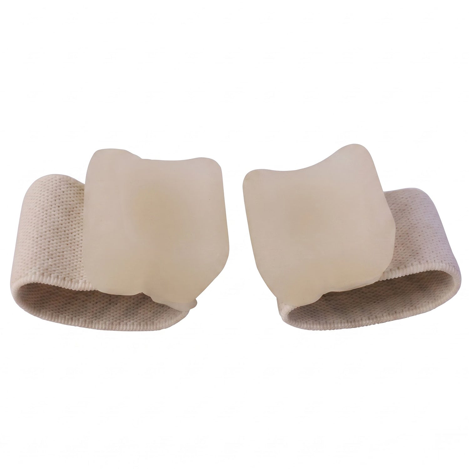 Two beige elastic toe separators with clear gel pads, viewed from the front, against a plain white background.