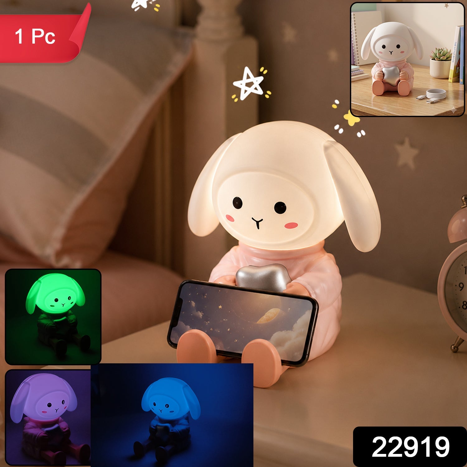 Rabbit shaped night lamp and phone holder, 1 piece