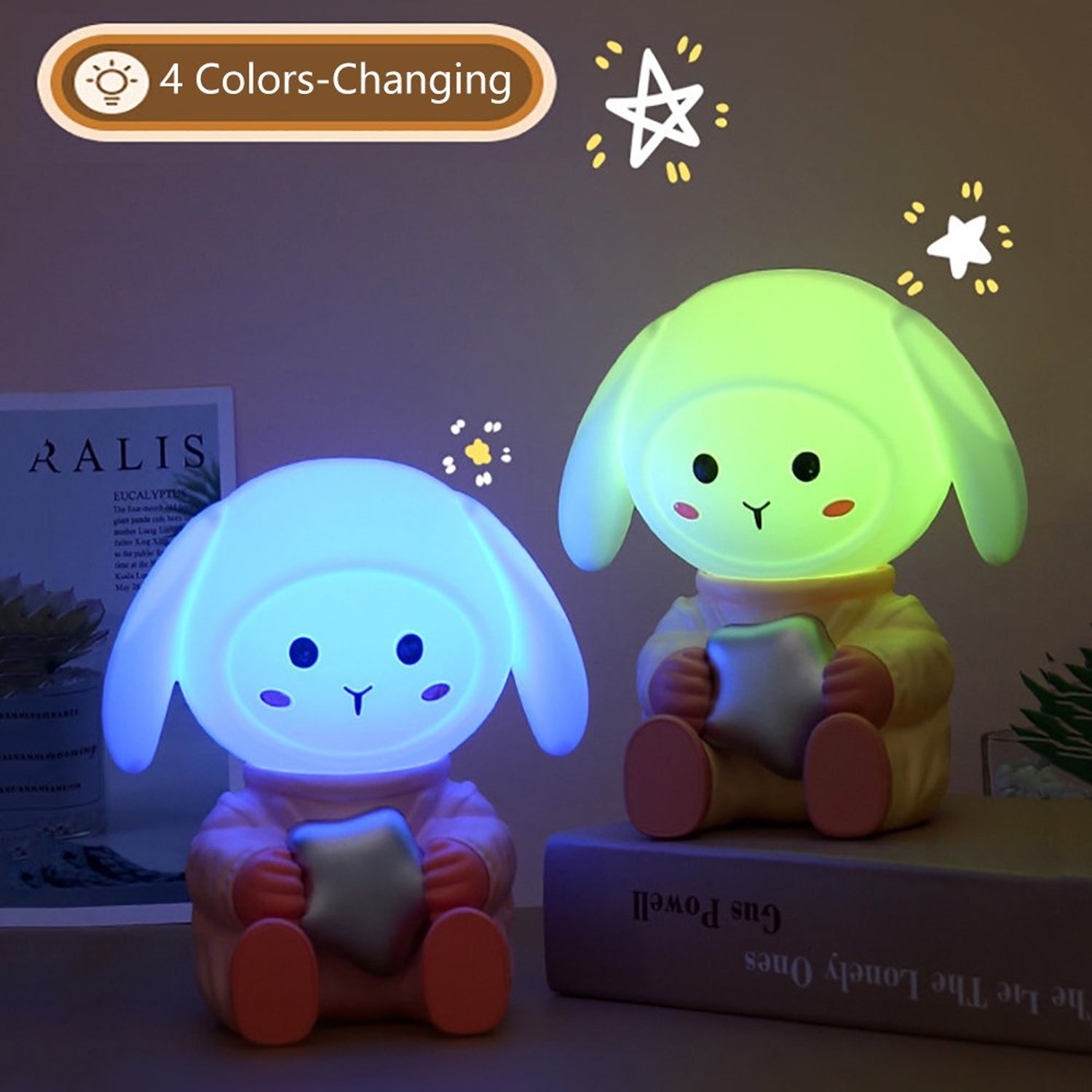 Rabbit night light glowing on a bedside table