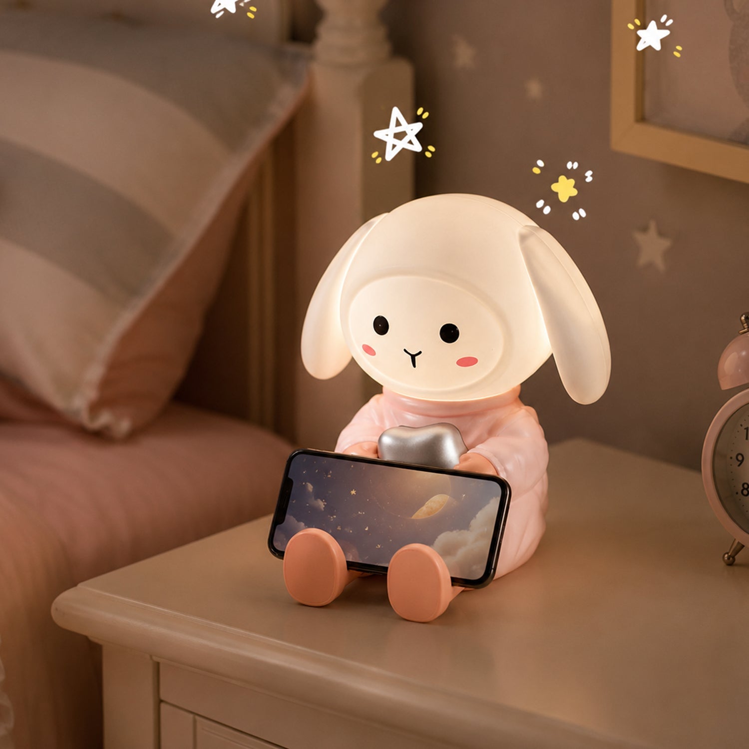 Soft LED glow from the rabbit shaped lamp