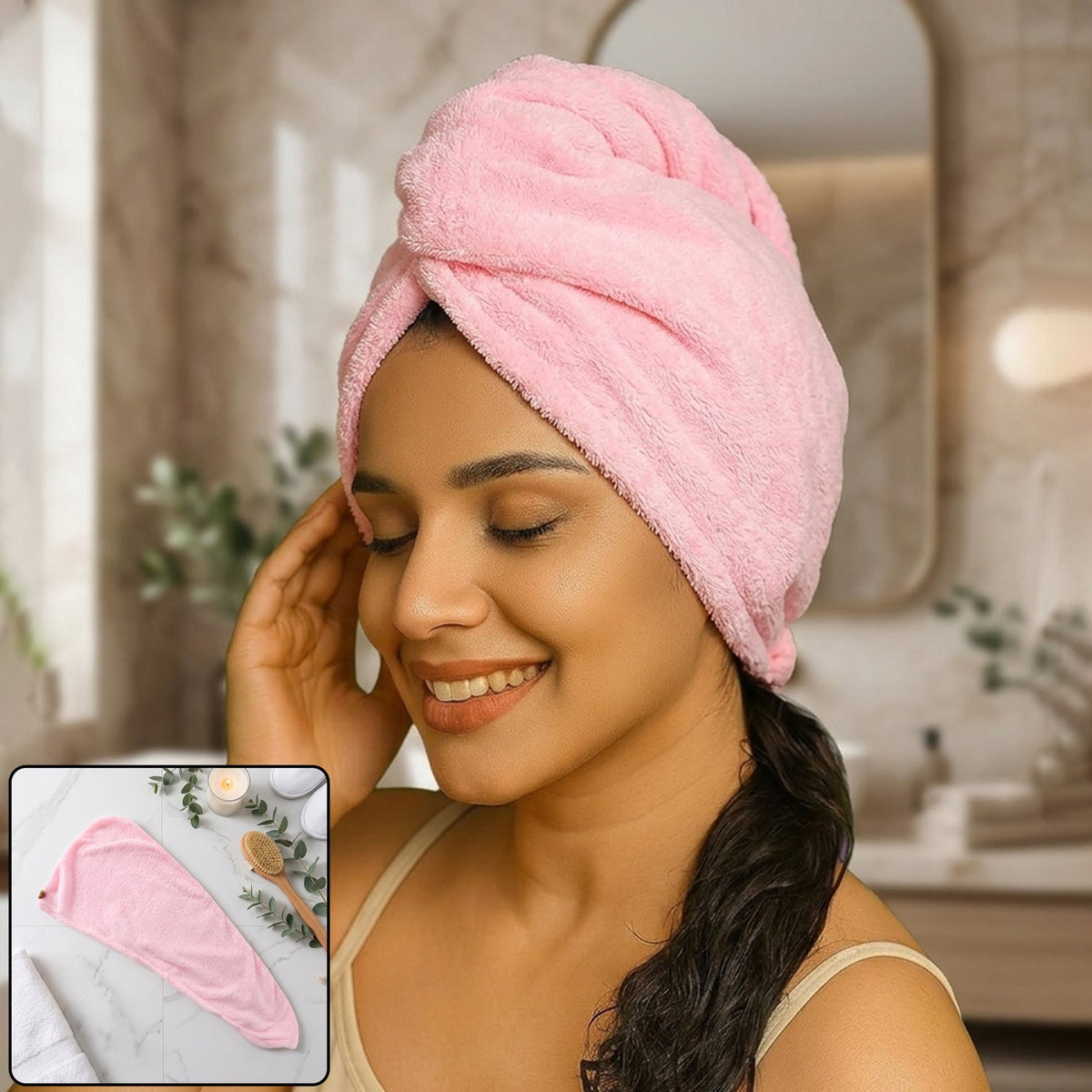 Microfiber hair wrap towel cap in use