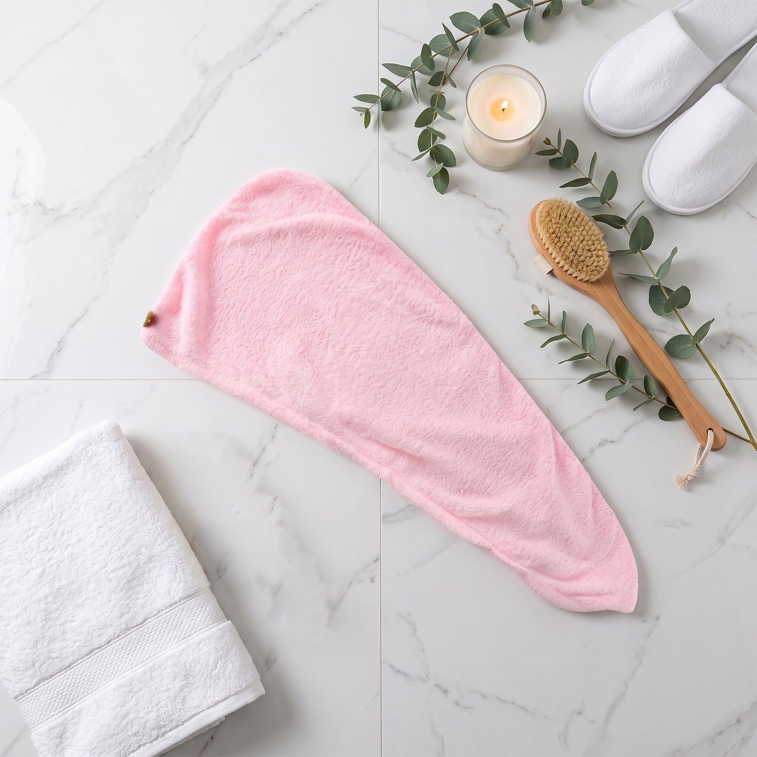 Microfiber hair towel wrap with bathroom accessories