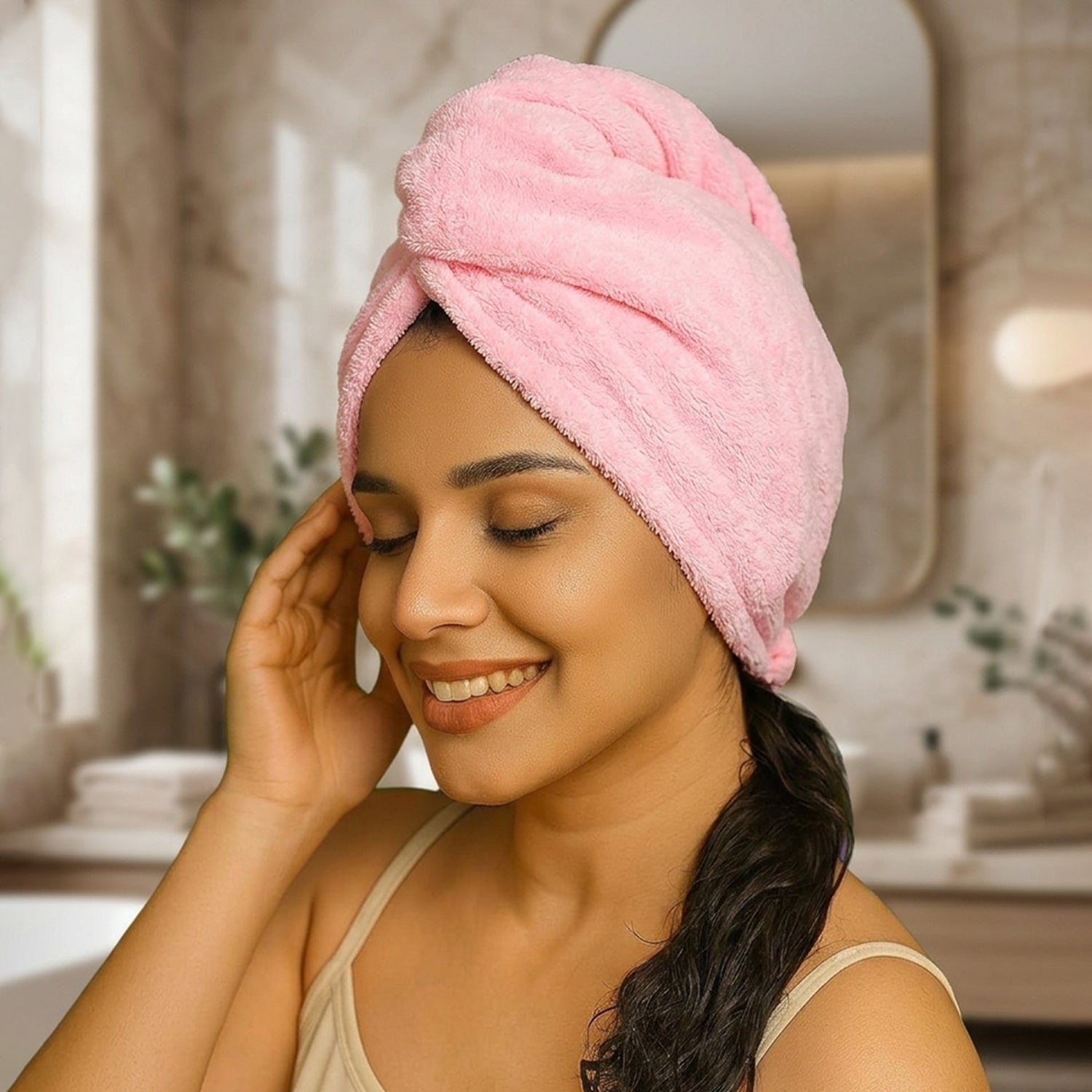 Microfiber hair wrap towel cap lifestyle use