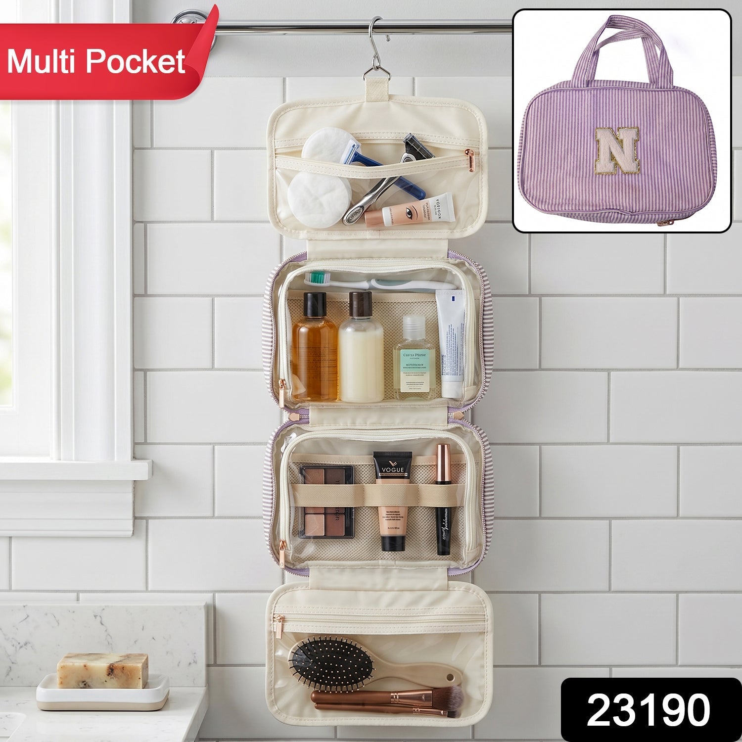 Open travel organizer bag with toiletries