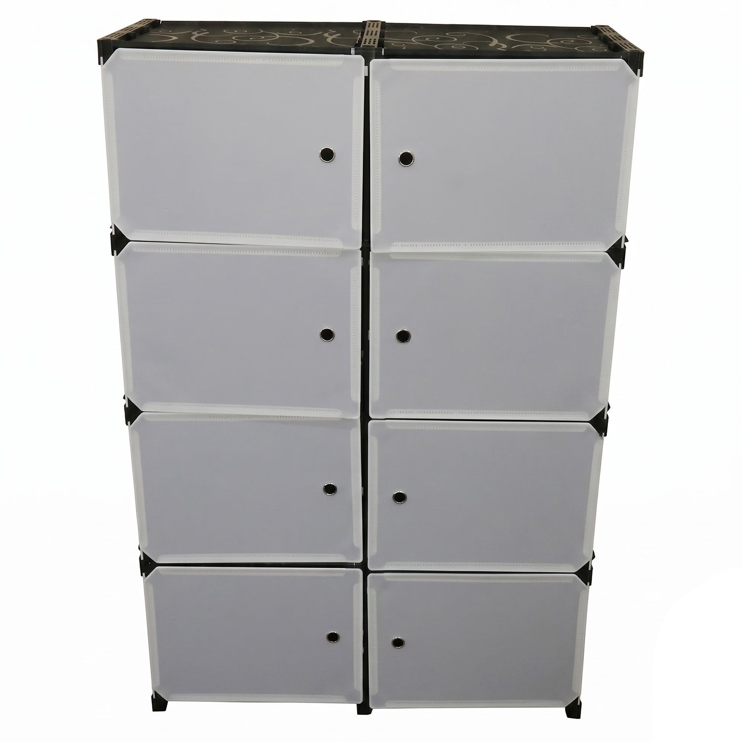 Front view of a black and white modular storage cabinet with eight white doors.