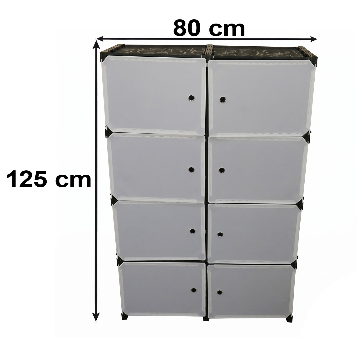 Front view of a black and white modular storage cabinet with dimensions of 80cm width and 125cm height.