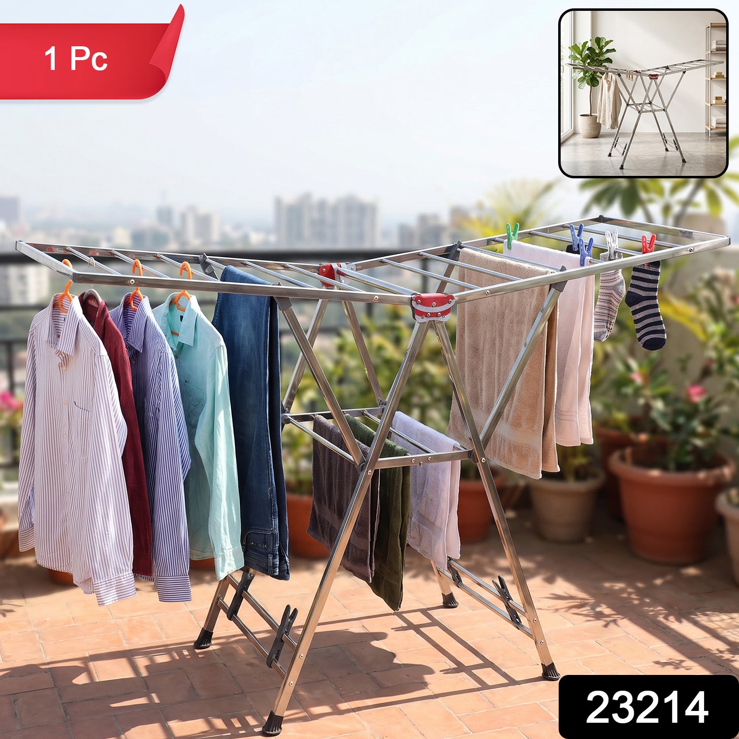 A stainless steel clothes drying rack with clothes, on an outdoor patio, with an inset image of the rack in an indoor