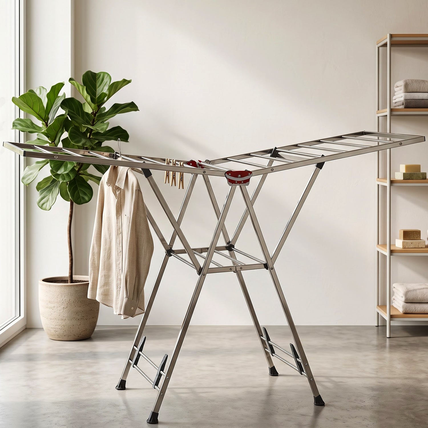 A silver metal drying rack with one shirt, indoors next to a large potted plant and a wooden shelf with towels.