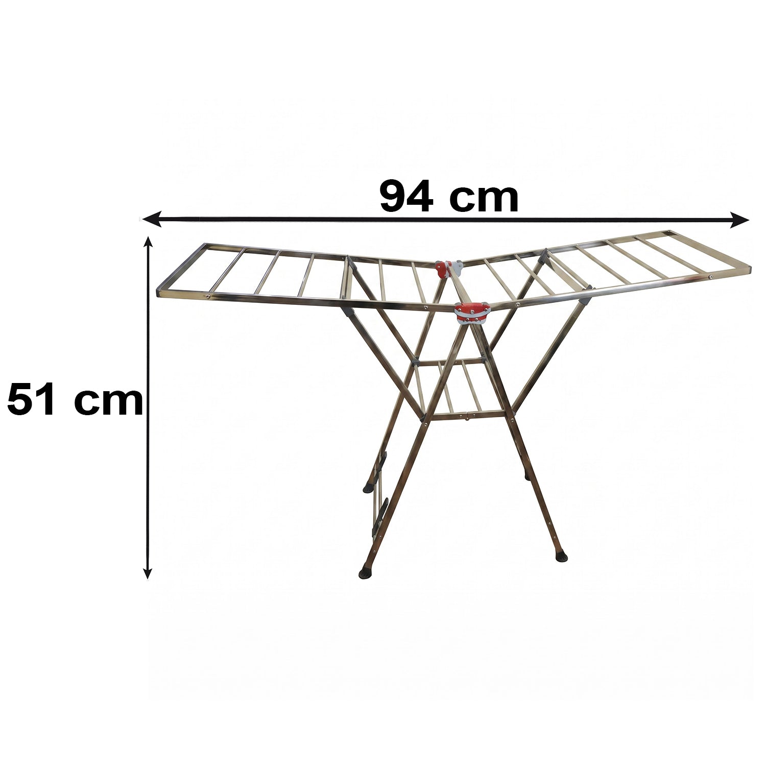 A silver metal clothes drying rack with red accents, displaying its 94 cm width and 51 cm height dimensions.