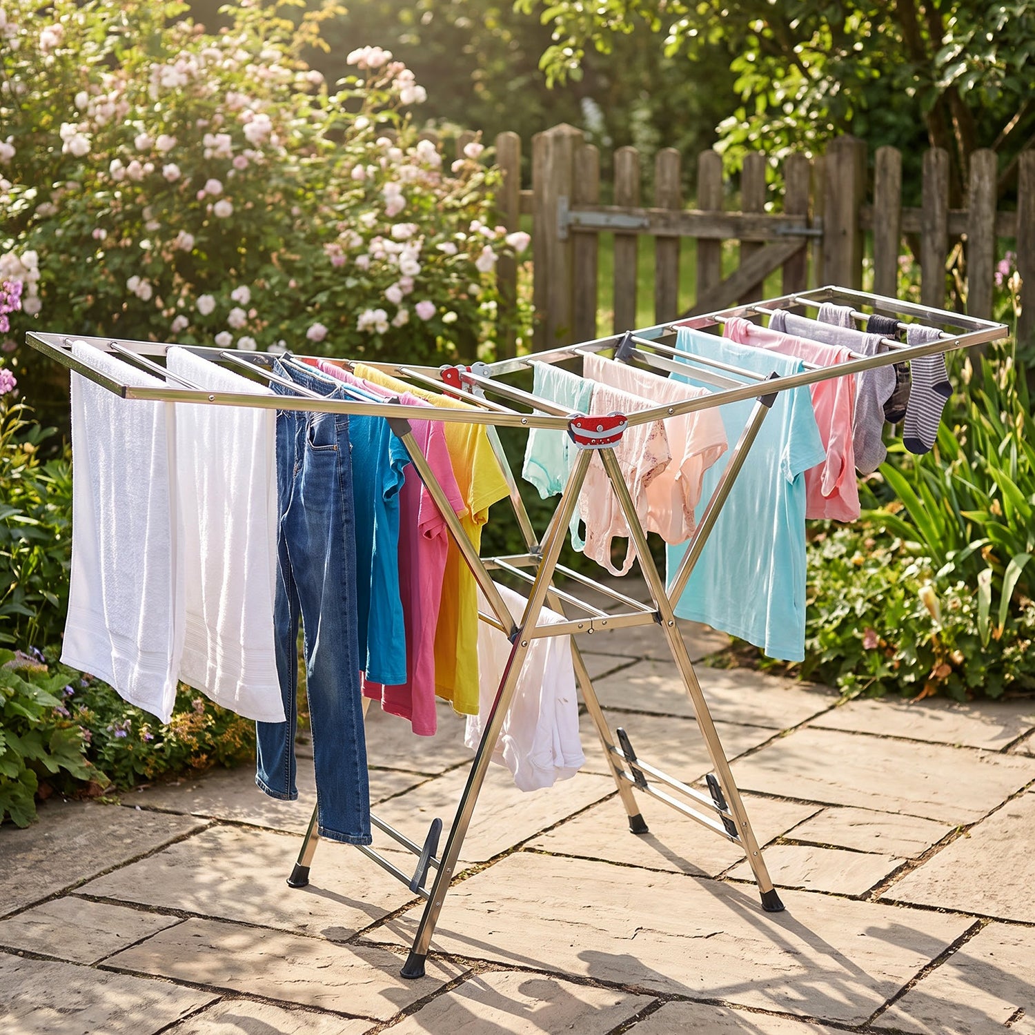 A silver clothes drying rack laden with colorful garments, situated on a stone patio in a sunny garden with roses.