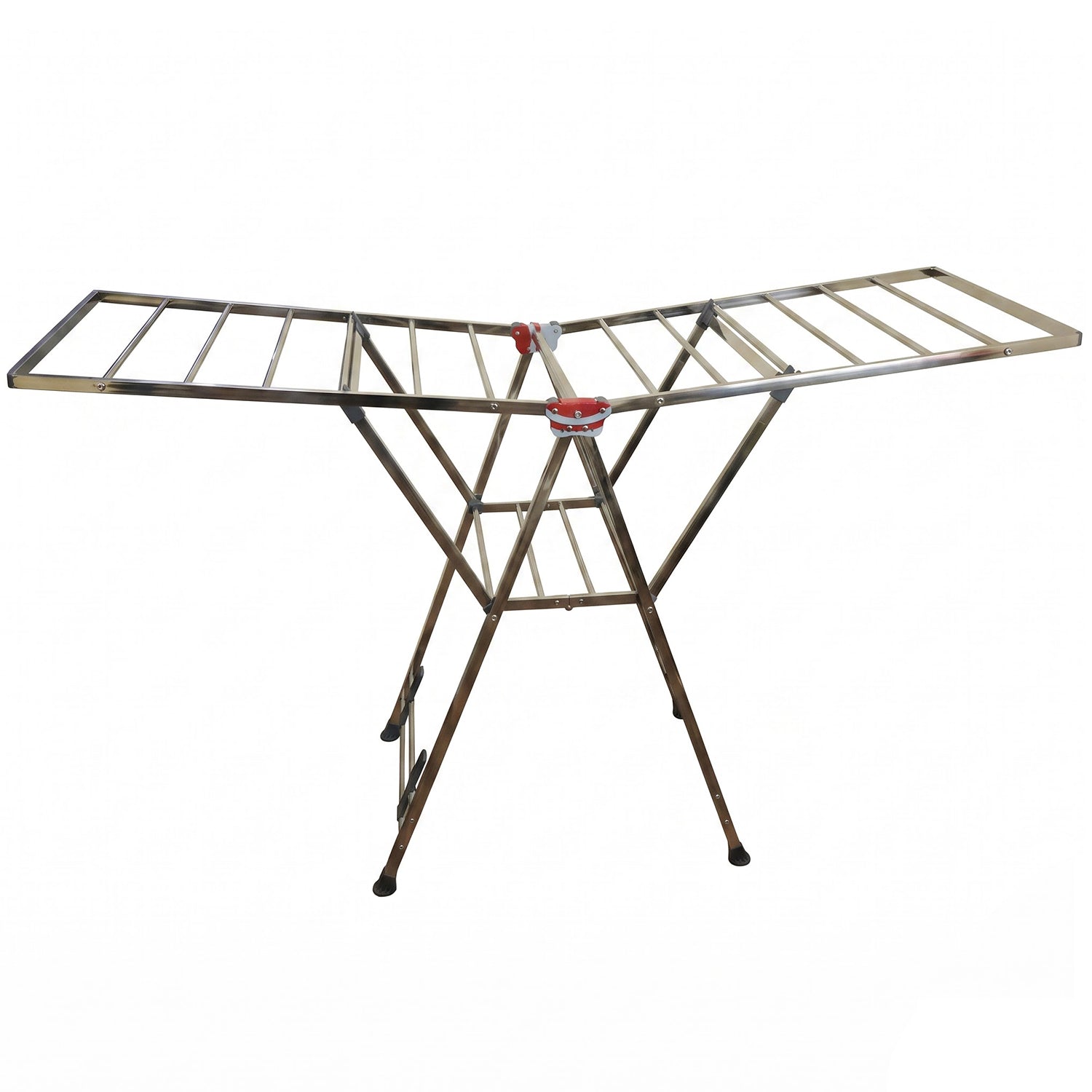 A silver metal clothes drying rack with red plastic accents, shown against a plain white background.
