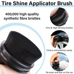 Close-up of the black tire shine applicator brush with text highlighting its synthetic fiber bristles and cleaning