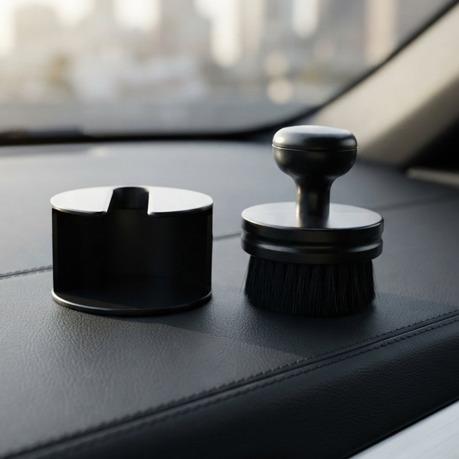 The black detailing brush and its cylindrical base sit on a car's dashboard, with a blurred cityscape in the background.