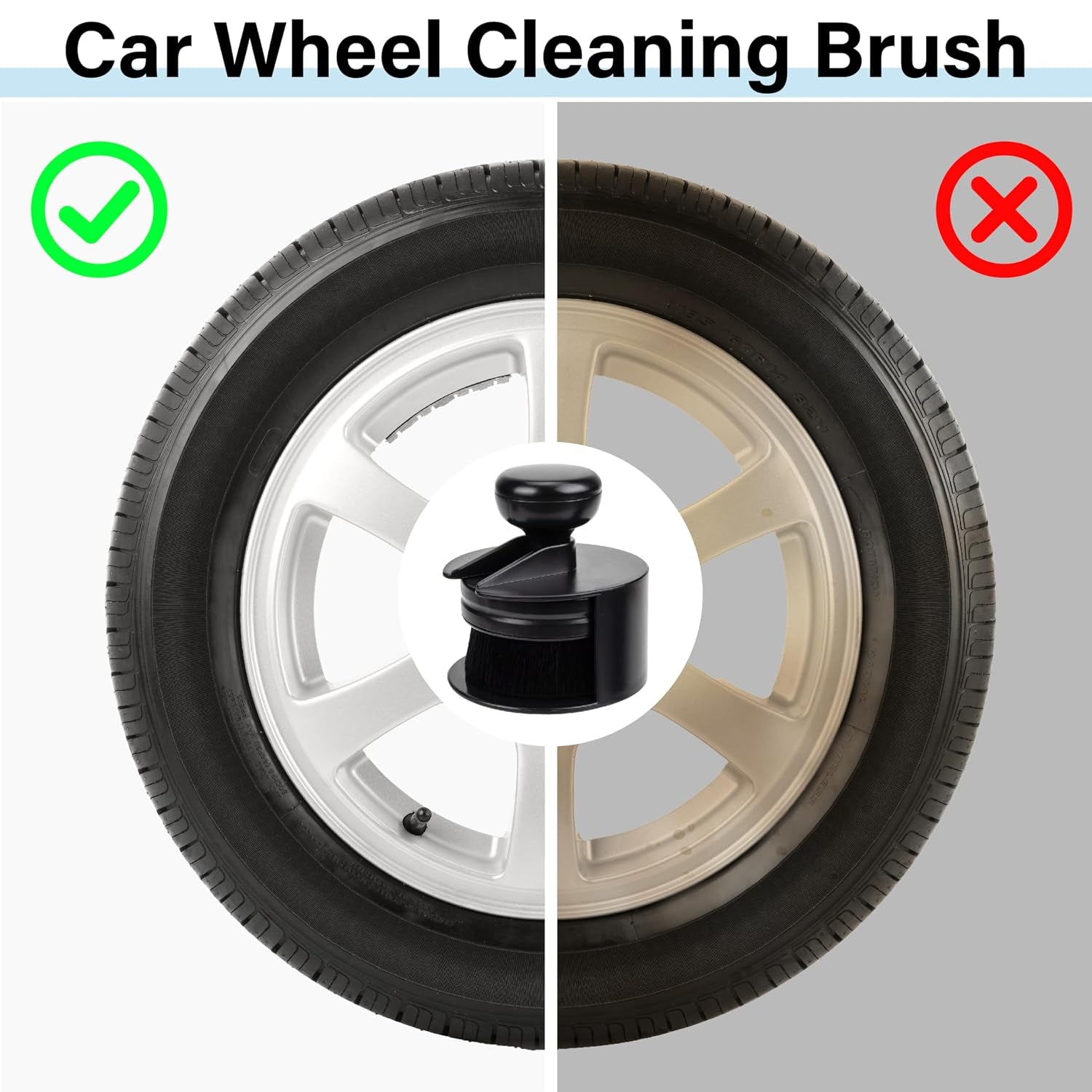 A split image of a car wheel, showing one side clean and shiny, the other dirty, with the brush and base in the center.