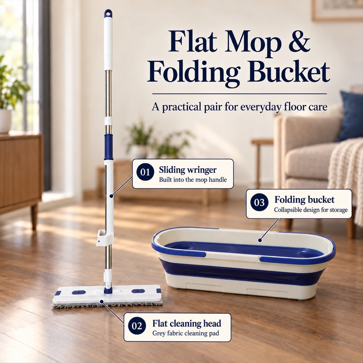 Hand wash free flat mop and folding bucket - sliding wringer and bucket
