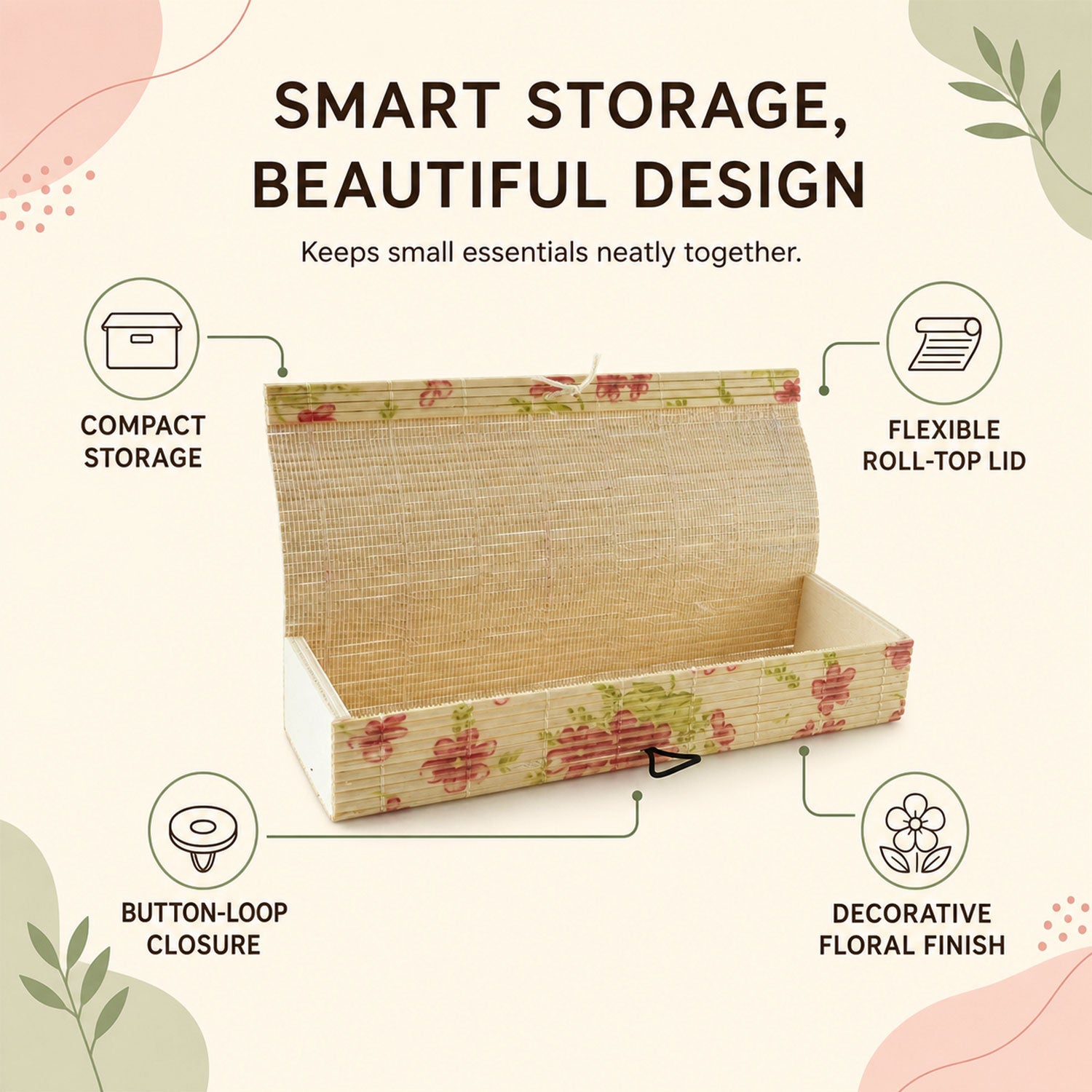 An open bamboo storage box with a floral pattern, highlighting its compact size, flexible lid, button closure, and