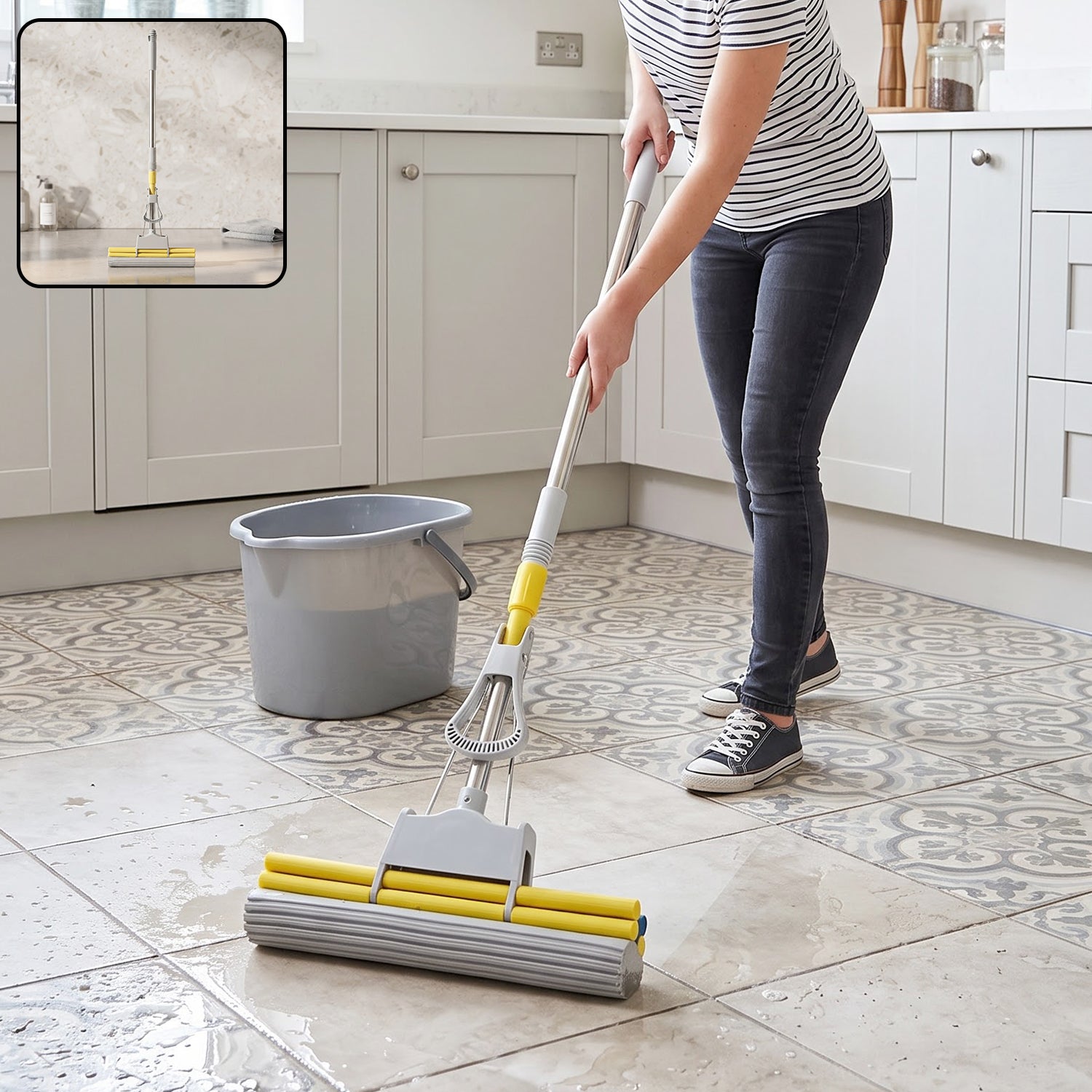 A person uses a yellow and grey sponge mop on a wet tiled kitchen floor, with a grey bucket nearby.