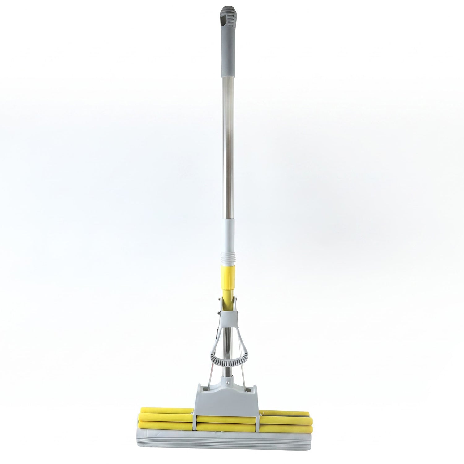 A yellow and grey sponge mop with an extended handle stands vertically against a plain white background.