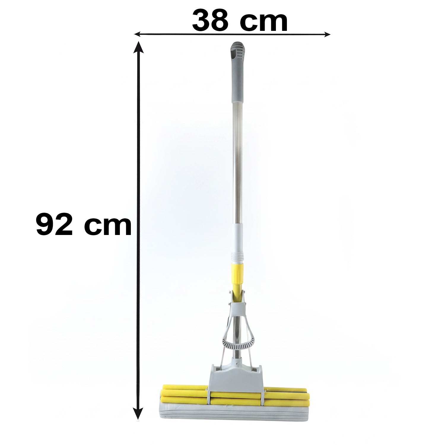 A yellow and grey sponge mop with dimensions of 92 cm height and 38 cm width shown on a white background.