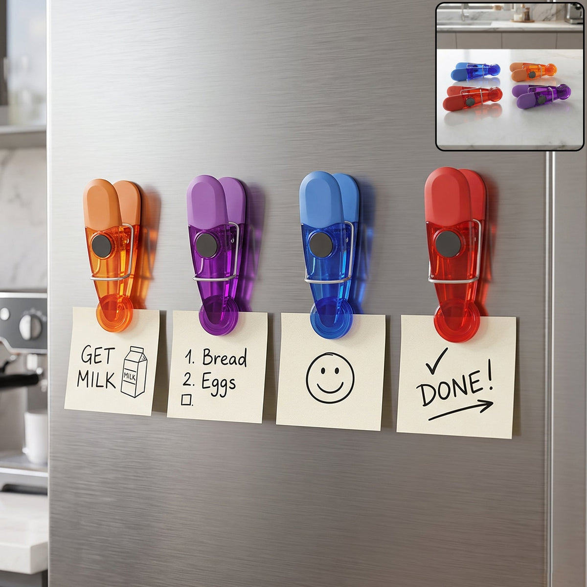 Colourful magnetic clips holding notes on refrigerator