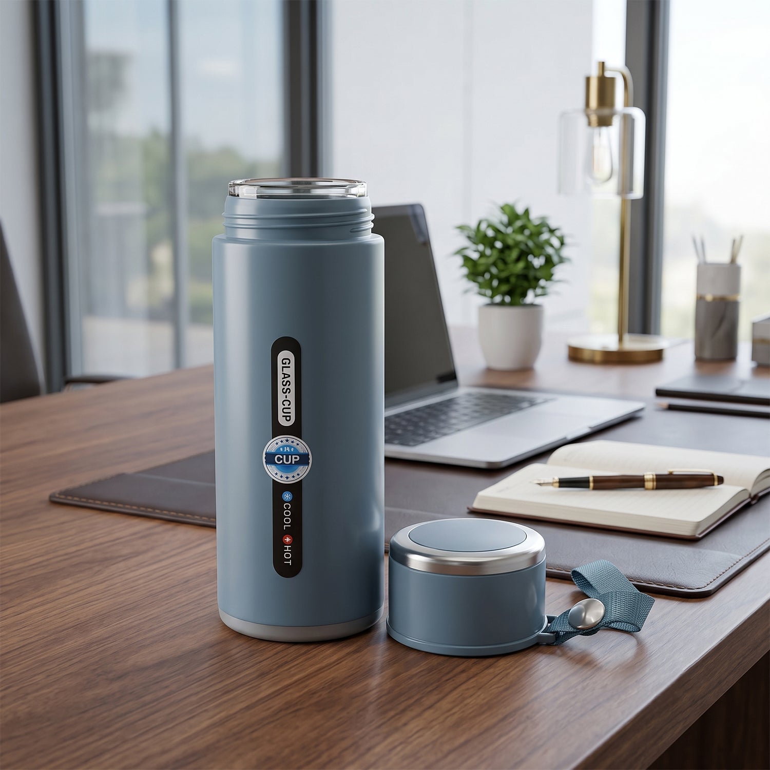 A blue insulated bottle with its detached cap and strap sits on a wooden desk with a laptop, notebook, and plant in the