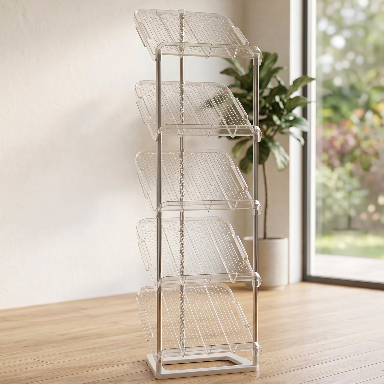 An empty, five-tier shoe rack with clear plastic shelves and a white base stands on a wooden floor.