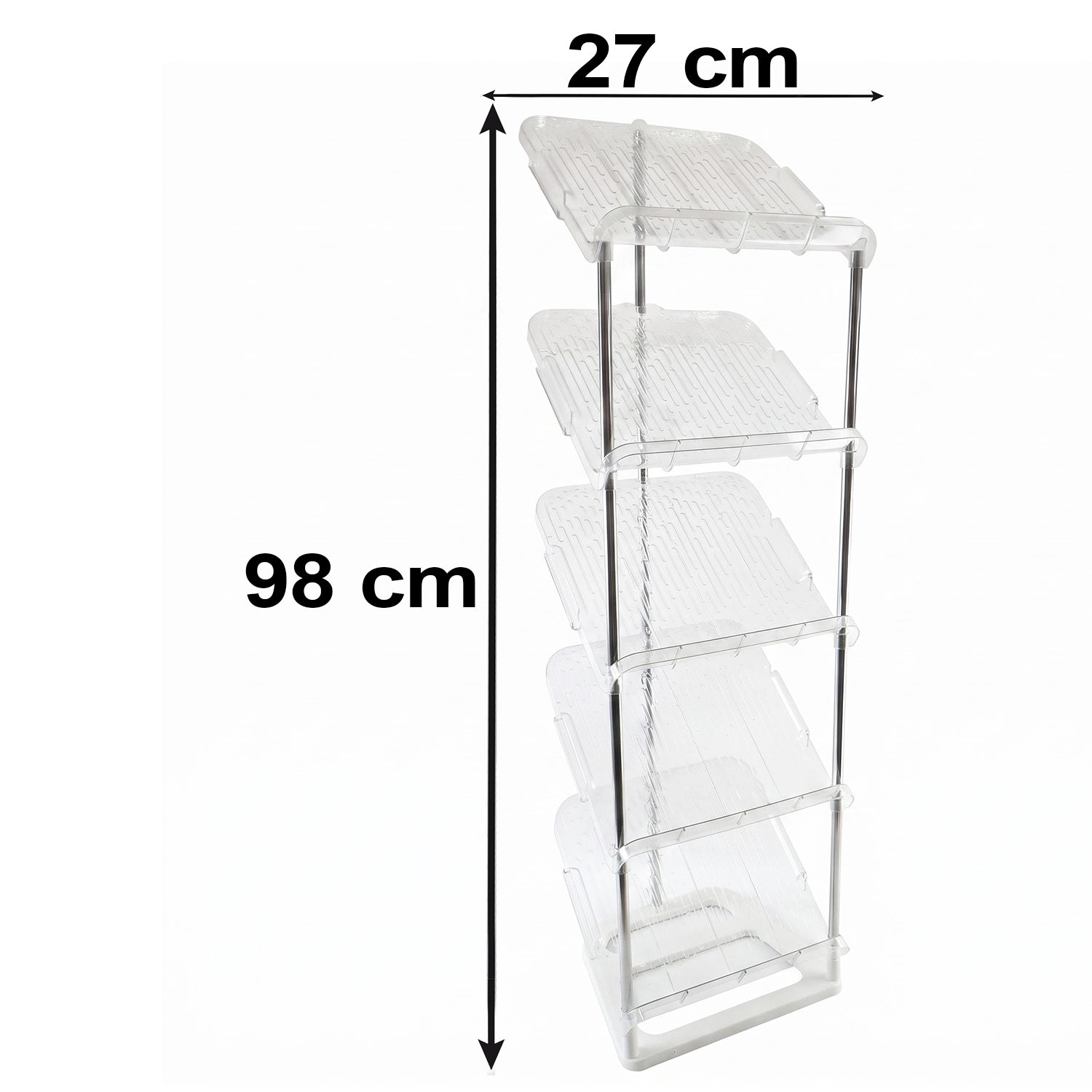 A five-tier shoe rack with clear shelves and silver poles, showing its 98 cm height and 27 cm width.