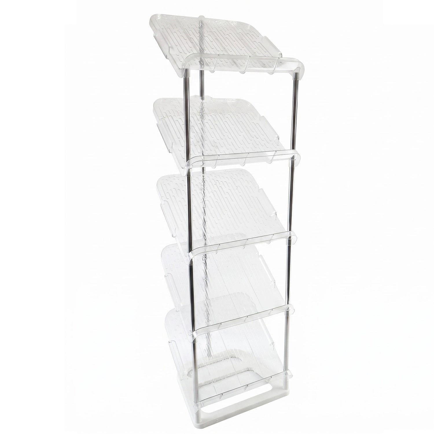 An empty, five-tier shoe rack with transparent shelves and a white base, viewed from an angled perspective.